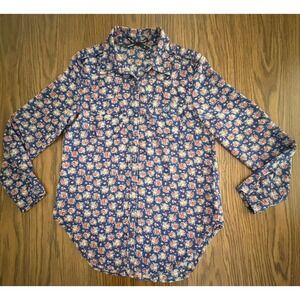 Ali & Kris Blouse Medium Blue Floral Rose Print Long Roll Tab Sleeve Sheer EUC